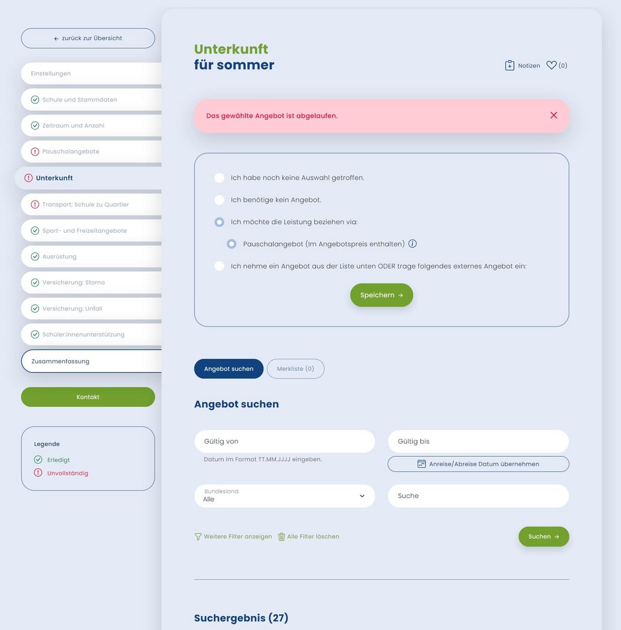 Screenshot Planungsassistent für Schulsportwochen - Unterkunft