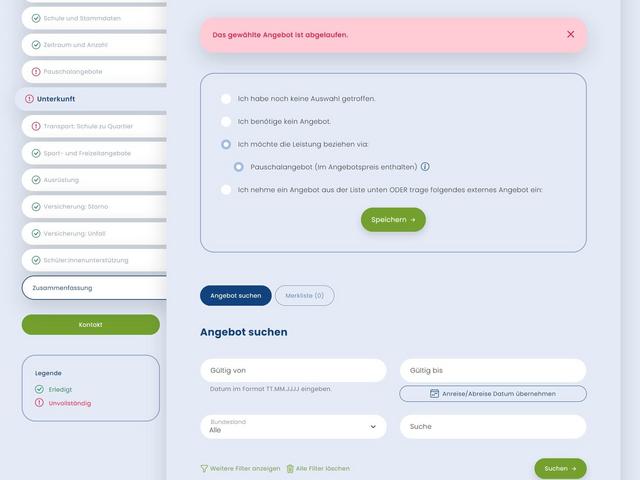 Screenshot Planungsassistent für Schulsportwochen - Unterkunft