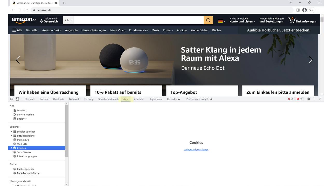 Screenshot des App-Bereichs der Chrome Entwicklertools, im Hintergrund die Amazon Website.