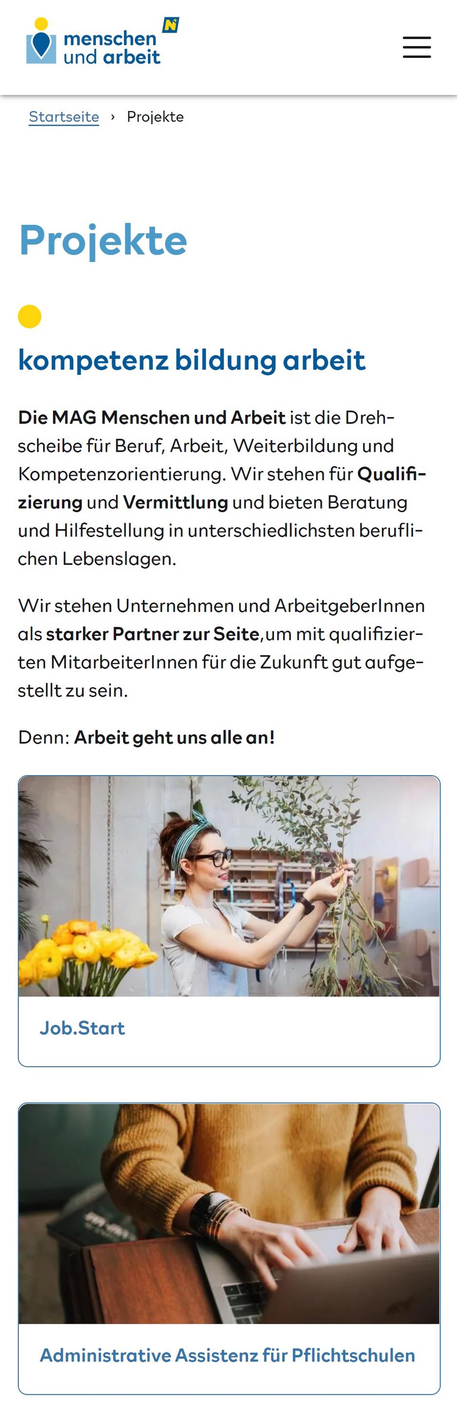 Screenshot auf einem Smartphone, zu sehen ist der Bereich Projekte auf der neuen Webseite der MAG Menschen und Arbeit, erstellt von Earlybird