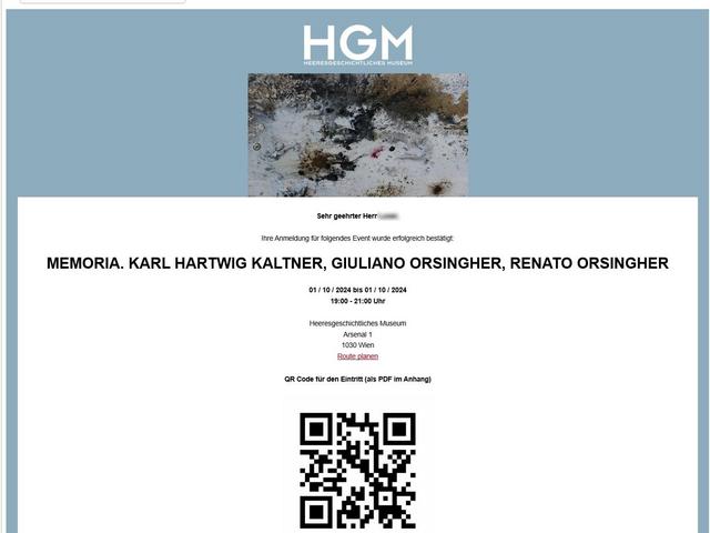 Screenshot Heeresgeschichtliches Museum Wien: E-Mail mit Ticket und QR Code für Events zur Einlasskontrolle