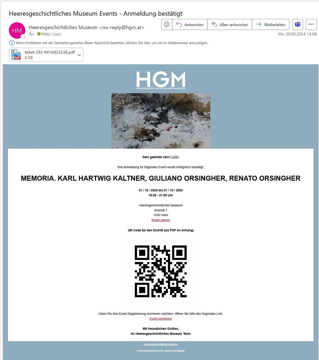Screenshot Heeresgeschichtliches Museum Wien: E-Mail mit Ticket und QR Code für Events zur Einlasskontrolle