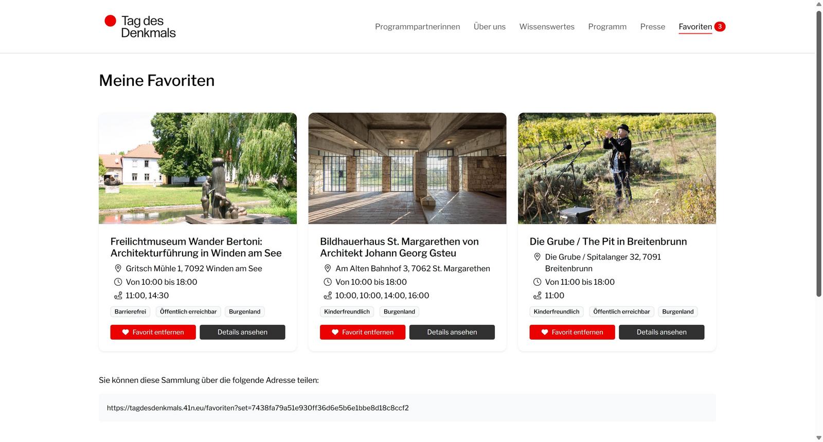 Screenshot der Publikumsseite vom Tag des Denkmals mit der Favoritenliste