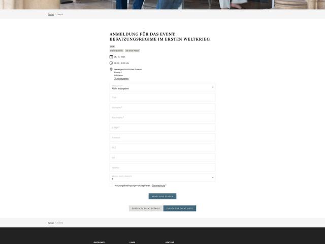 Webseite des Heeresgeschichtlichen Museums Wien: Modul für Events zur Einlasskontrolle