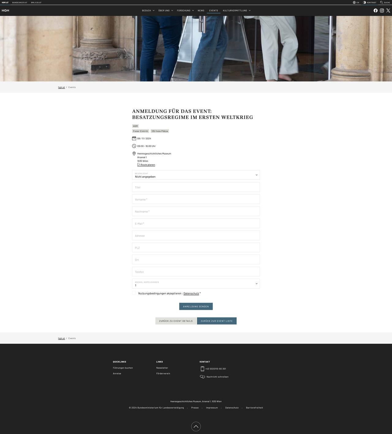 Webseite des Heeresgeschichtlichen Museums Wien: Modul für Events zur Einlasskontrolle
