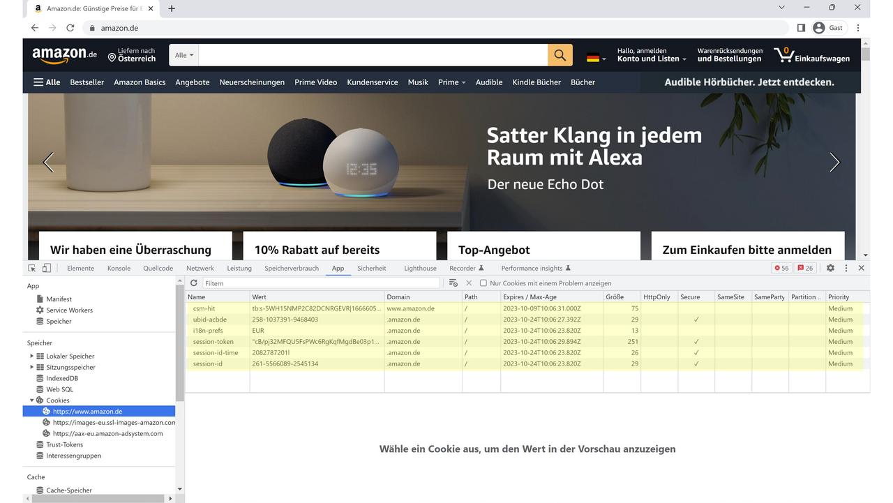 Screenshot des App-Bereichs der Chrome Entwicklertools, im Hintergrund die Amazon Website. Man sieht eine Liste der First-Party-Cookies.