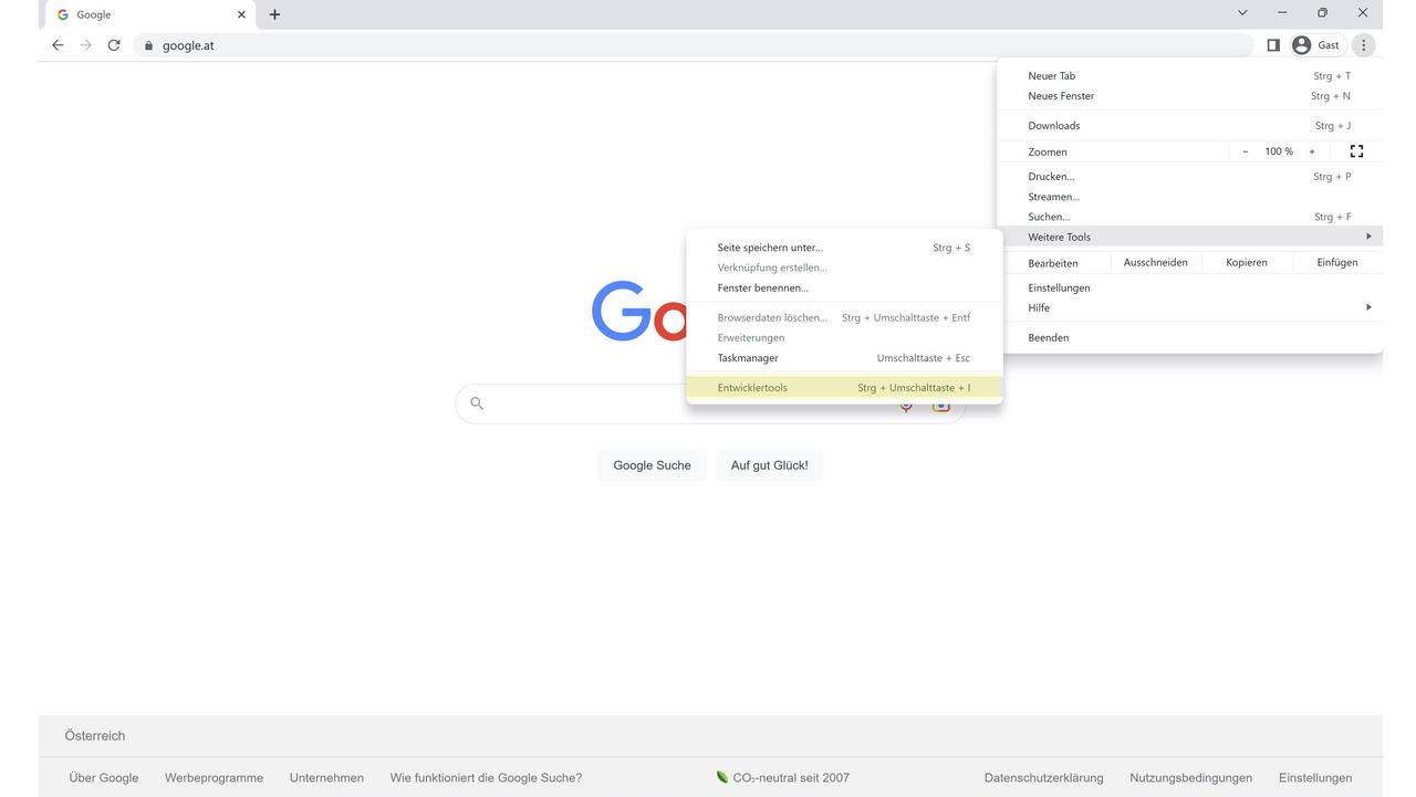 Screenshot zeigt den Pfad zu Chrome Entwicklertools: Chrome anpassen und verwalten, Weitere Tools, Entwicklertools