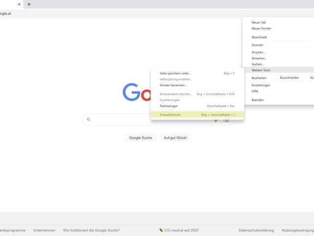 Screenshot zeigt den Pfad zu Chrome Entwicklertools: Chrome anpassen und verwalten, Weitere Tools, Entwicklertools