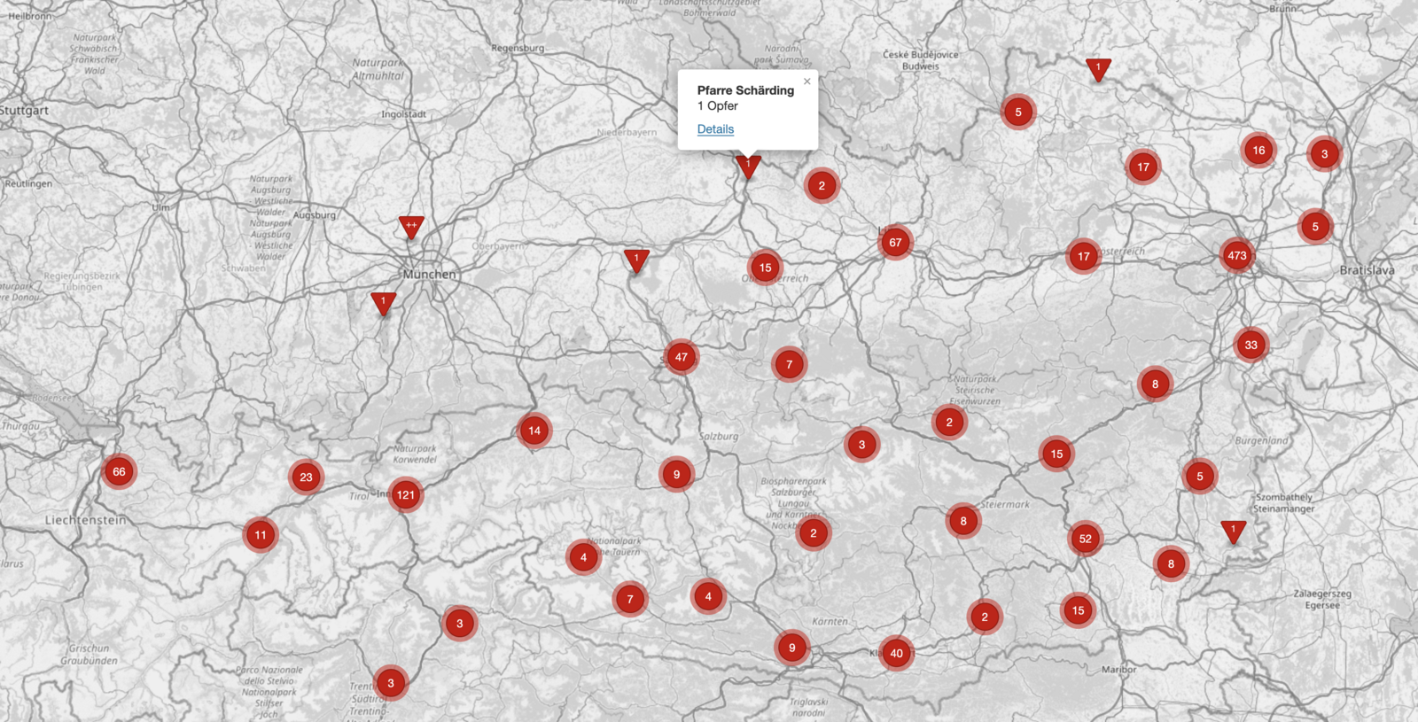 Ansicht Übersichtskarte Gedenkort.at; zeigt Österreich und Nachbarländer, der Ort Schärding wurde ausgewählt und zeigt Detailinformationen an