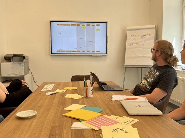 Earlybird Mitarbeiter vor dem Bildschirm bei einer Gruppenarbeit beim Earlybird Campus