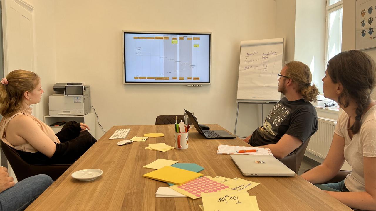 Earlybird Mitarbeiter vor dem Bildschirm bei einer Gruppenarbeit beim Earlybird Campus