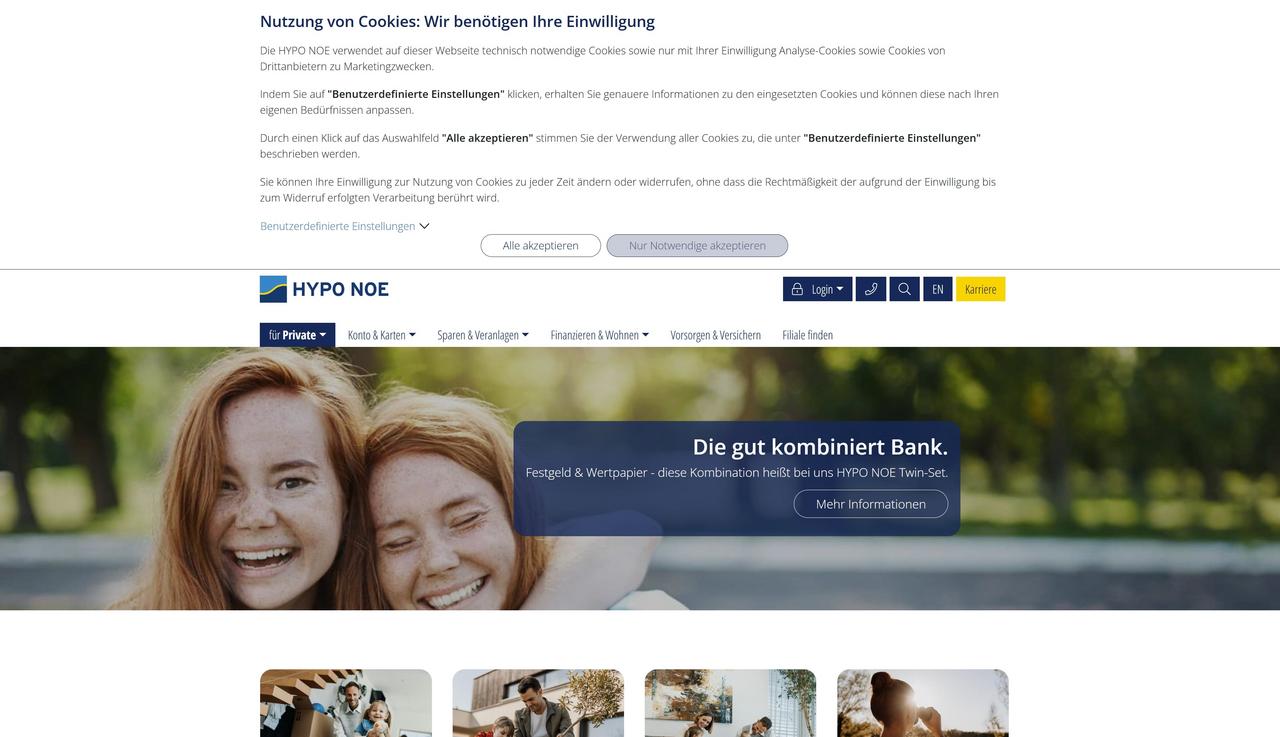Screenshot der Earlybird Cookie Lösung am Portal der HYPO Niederösterreich