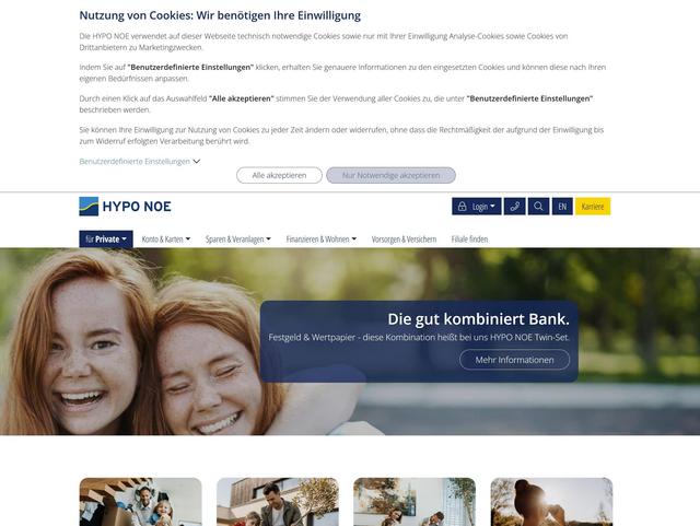 Screenshot der Earlybird Cookie Lösung am Portal der HYPO Niederösterreich