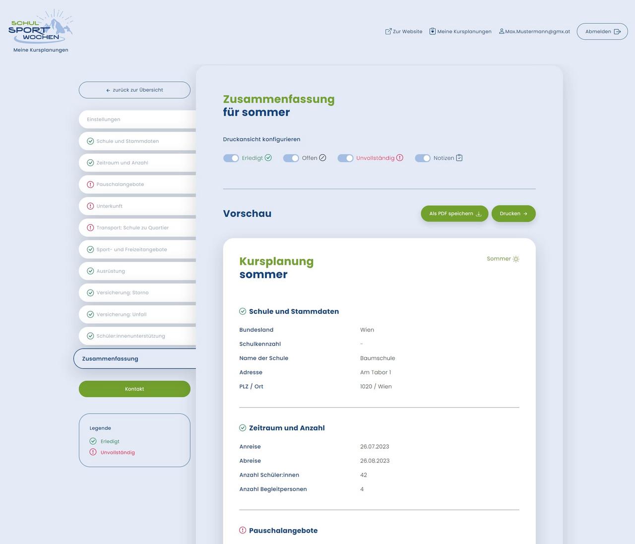 Screenshot Planungsassistent für Schulsportwochen - Zusammenfassung