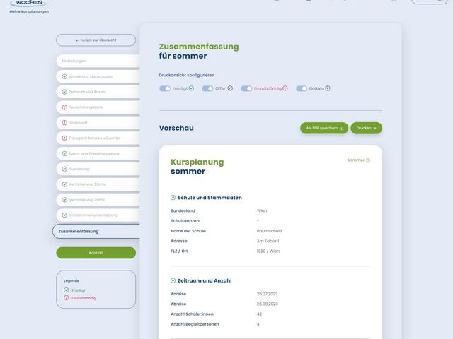 Screenshot Planungsassistent für Schulsportwochen - Zusammenfassung