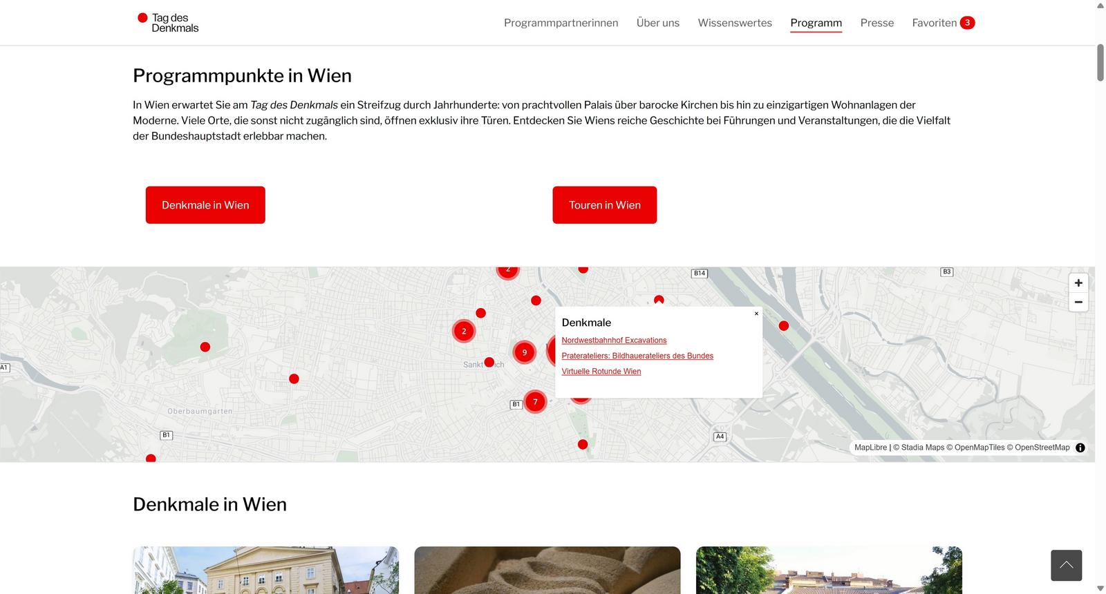 Screenshot der Publikumsseite vom Tag des Denkmals mit der Karte von Wien