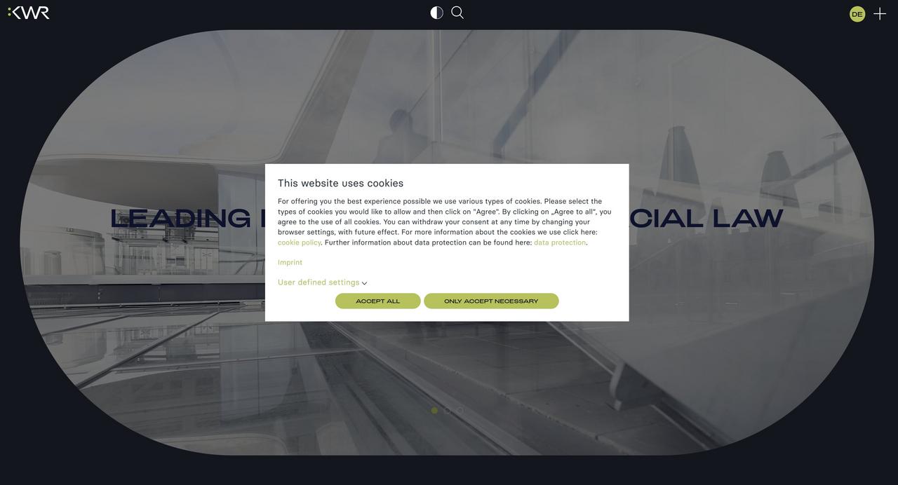 Screenshot der Earlybird Cookie Lösung in englischer Sprache im Einsatz auf der Webseite von KWR Rechtsanwälte