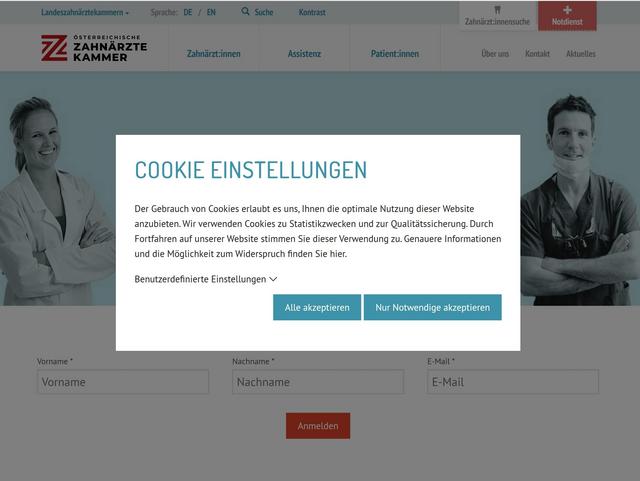 Screenshot der Earlybird Cookie Lösung im Einsatz bei der Webseite der Zahnärztekammer