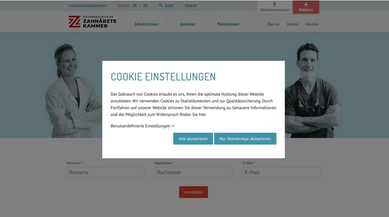Screenshot der Earlybird Cookie Lösung im Einsatz bei der Webseite der Zahnärztekammer