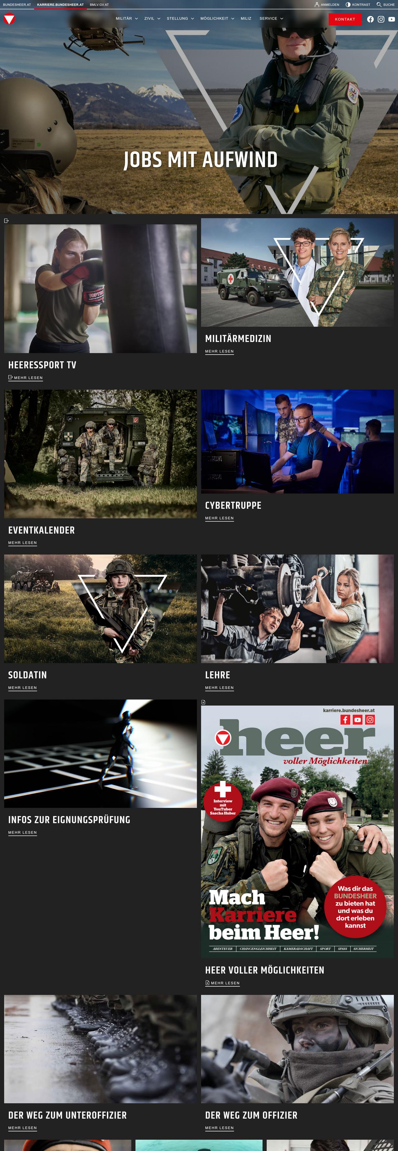 Screenshot der Homepage der Karrierewebseite des Österreichischen Bundesheers von TYPOHEAS