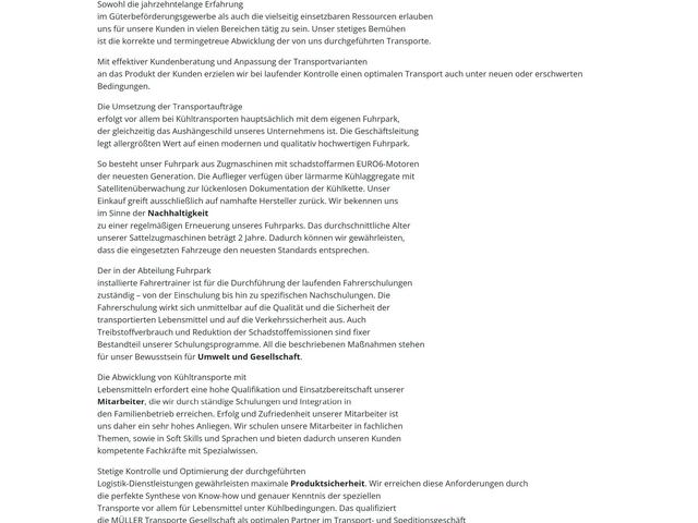 Screenshot des Unternehmensbereichs der neuen Website von Müller Transporte, erstellt von Earlybird