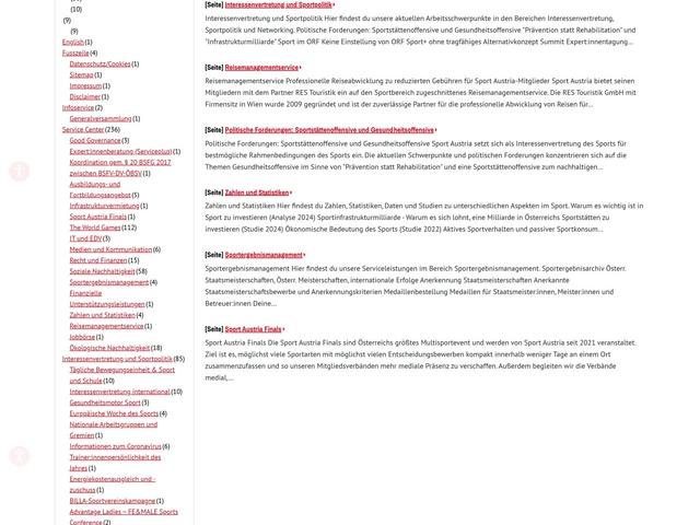 Screenshot eines Suchergebnisses auf der Sport Austria Webseite mit Filtermöglichkeiten