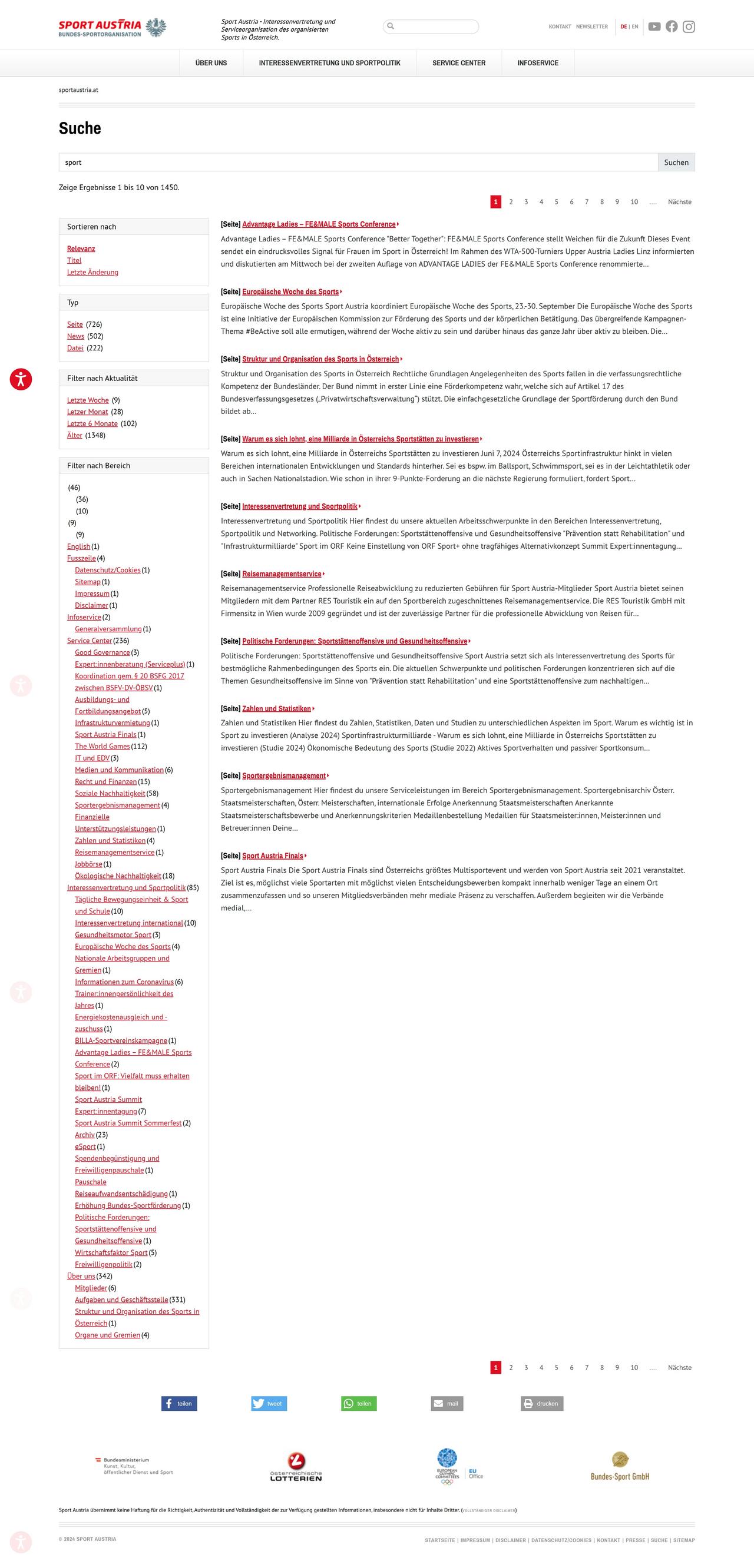 Screenshot eines Suchergebnisses auf der Sport Austria Webseite mit Filtermöglichkeiten