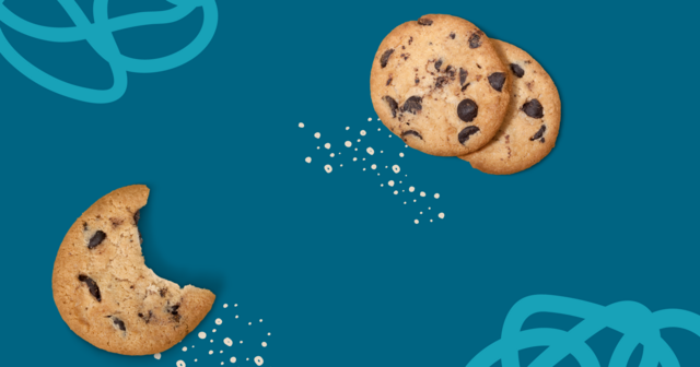 Amerikanische Chocolate Chip Cookies auf türkisem Hintergrund, eines davon angeknabbert