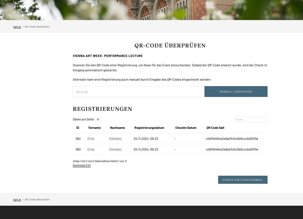 Screenshot der Webseite des Heeresgeschichtlichen Museums Wien: Modul für Events zur Einlasskontrolle