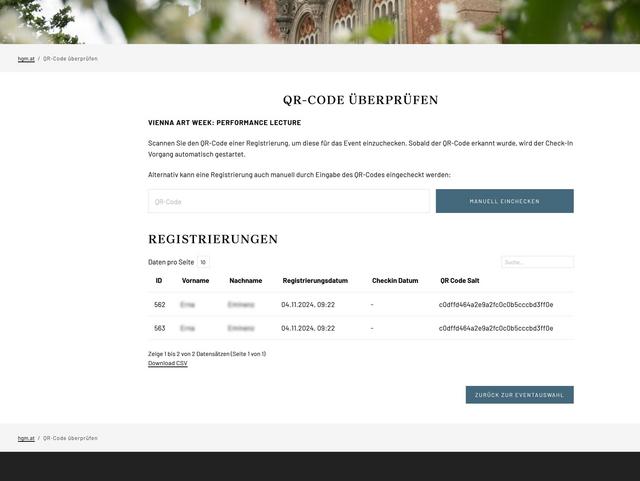 Screenshot der Webseite des Heeresgeschichtlichen Museums Wien: Modul für Events zur Einlasskontrolle