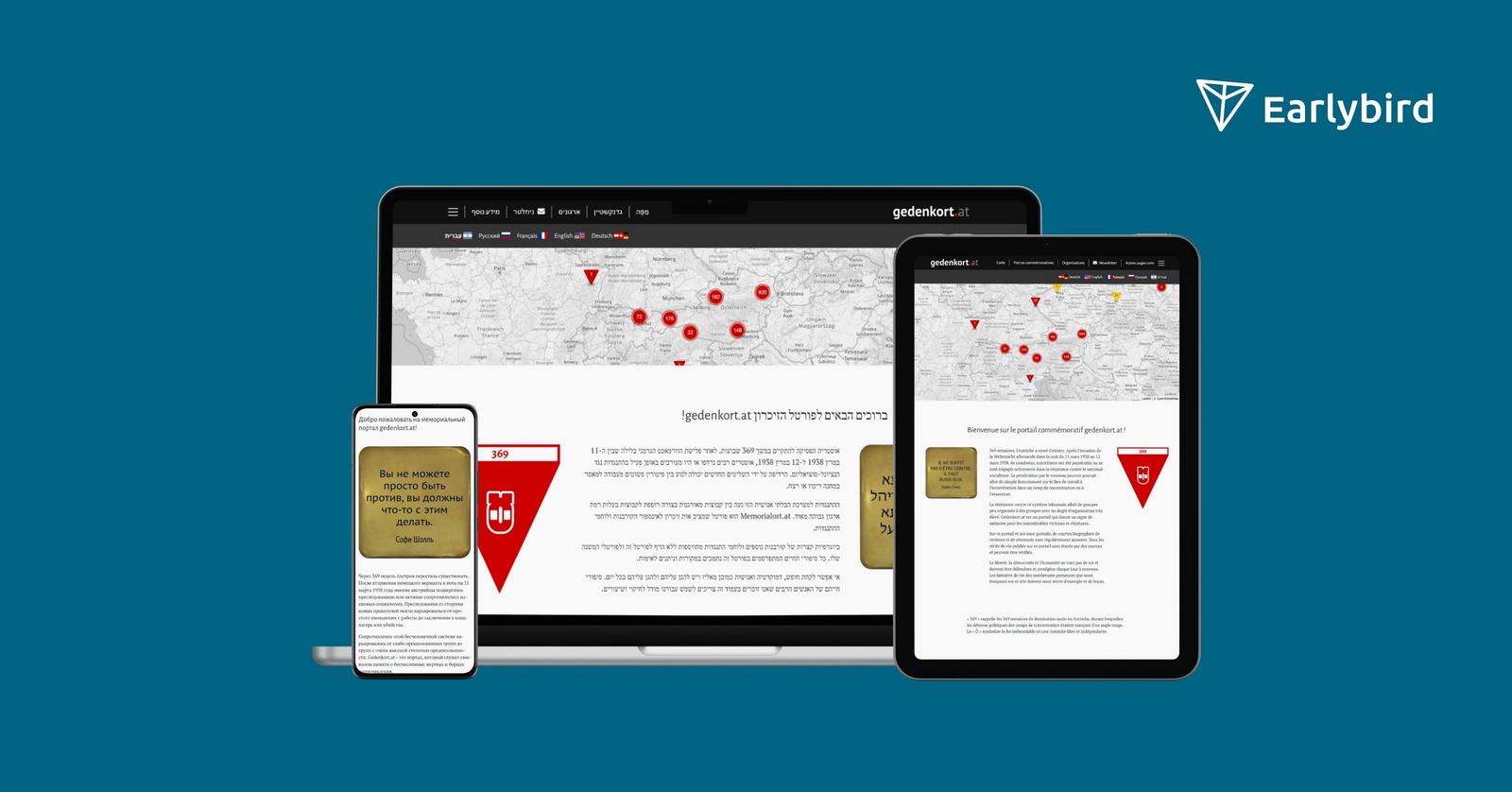 Screenshots Webportal gedenkort.at auf Deutsch, Englisch, Französisch, Russisch (kyrillisch) und Hebräisch (rechts-nach-links)
