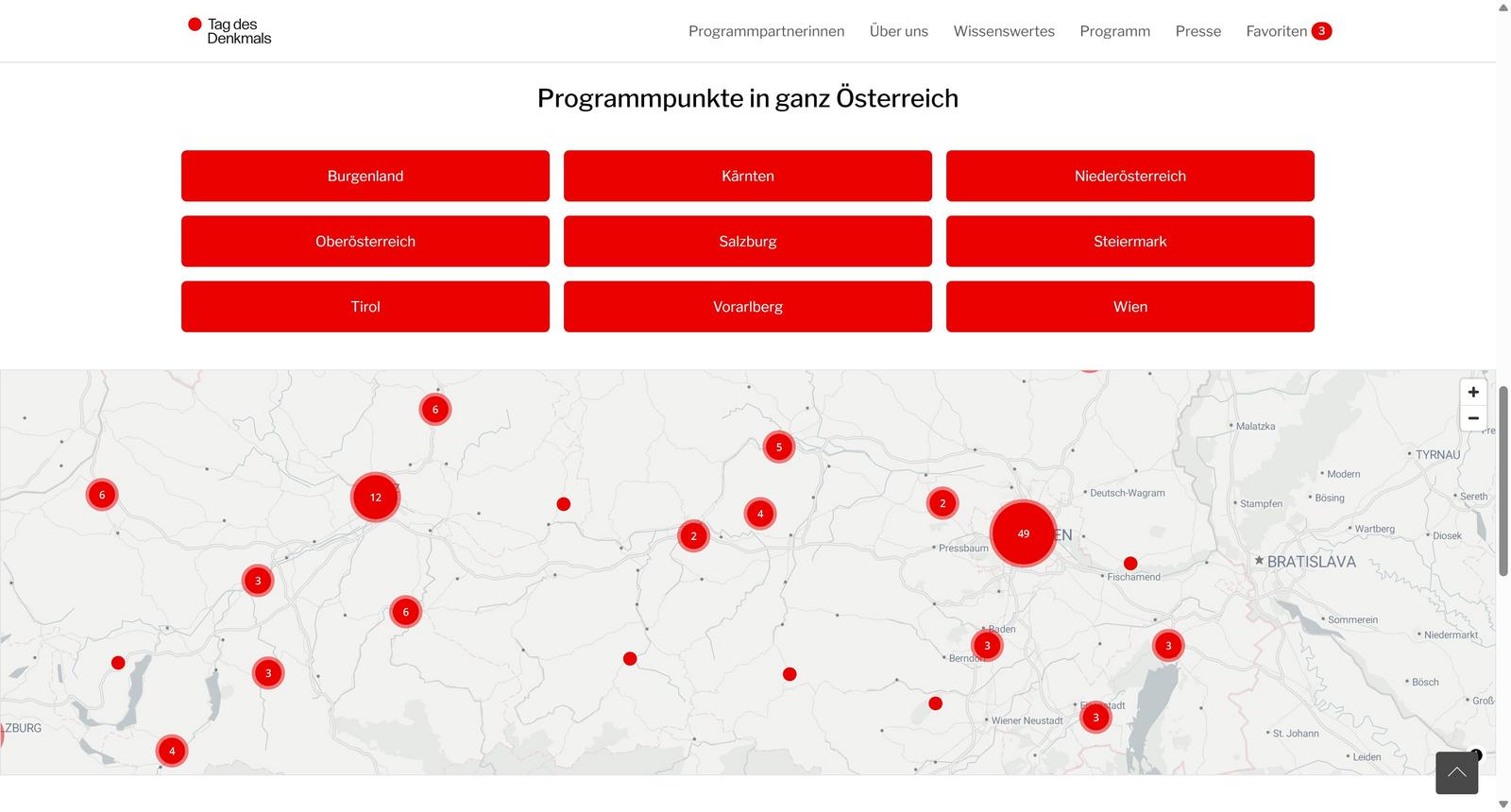 Screenshot der Publikumsseite vom Tag des Denkmals mit interaktiver Karte