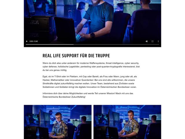 Screenshot der Karrierewebseite des Österreichischen Bundesheers von TYPOHEAS mit Infos zur Cyberunit