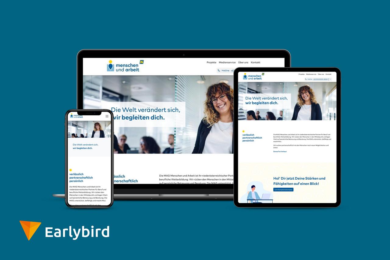 Screenshots der Homepage der Webseite der MAG Menschen und Arbeit auf unterschiedlichen Devices dargestellt: Laptop, Tablet und Smartphone