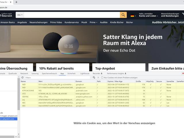 Screenshot des App-Bereichs der Chrome Entwicklertools, im Hintergrund die Amazon Website. Man sieht eine Liste der Third-Party-Cookies