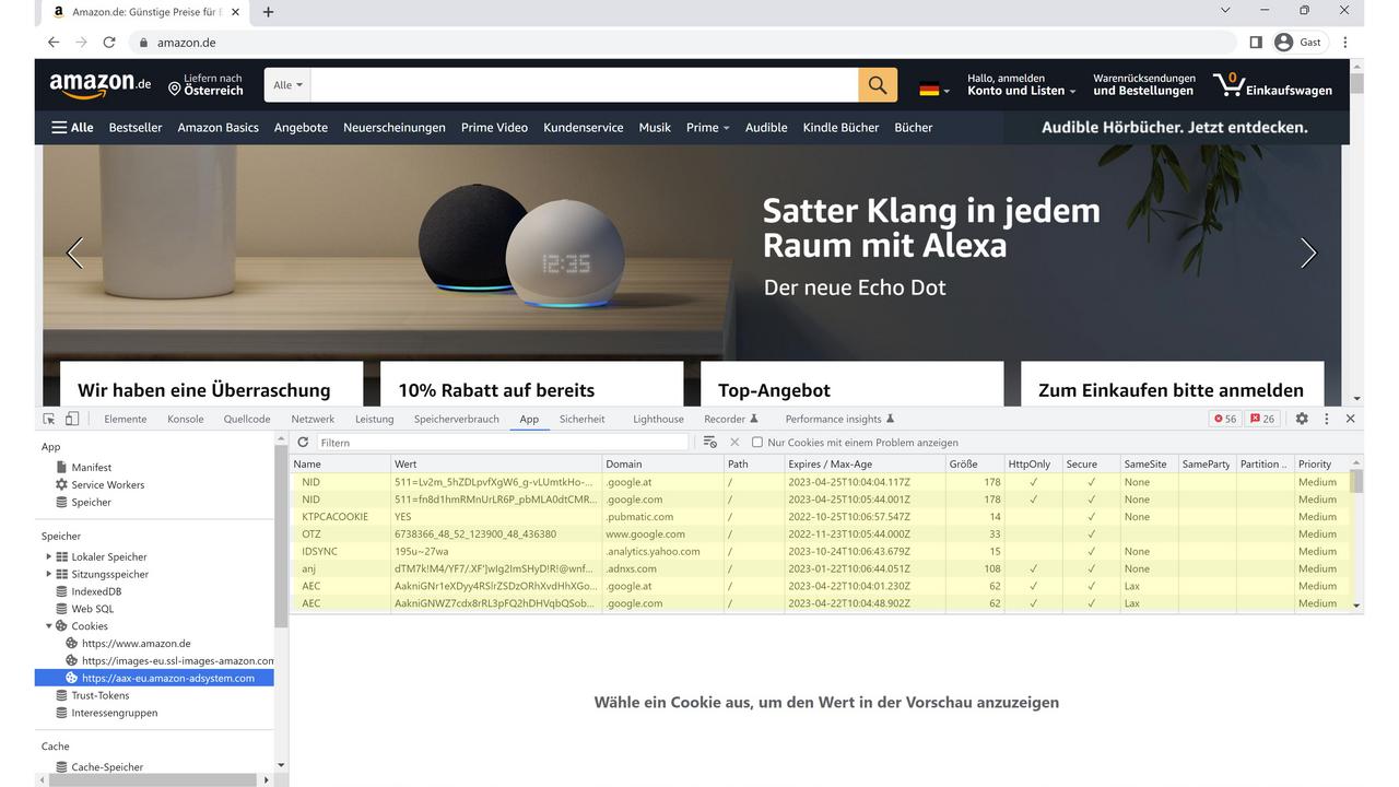 Screenshot des App-Bereichs der Chrome Entwicklertools, im Hintergrund die Amazon Website. Man sieht eine Liste der Third-Party-Cookies