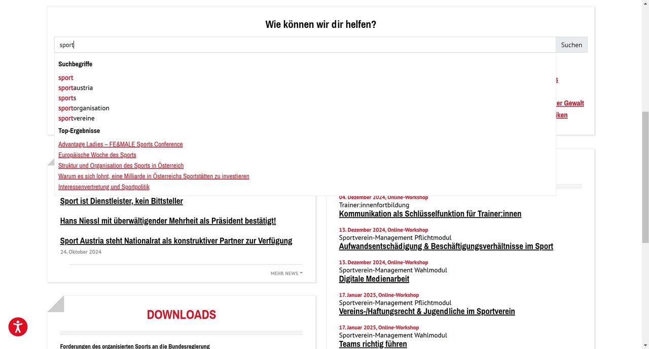 Screenshot der Sport Austria Webseite Suchfunktion mit Suchvorschlägen bei der Eingabe von "Sport"