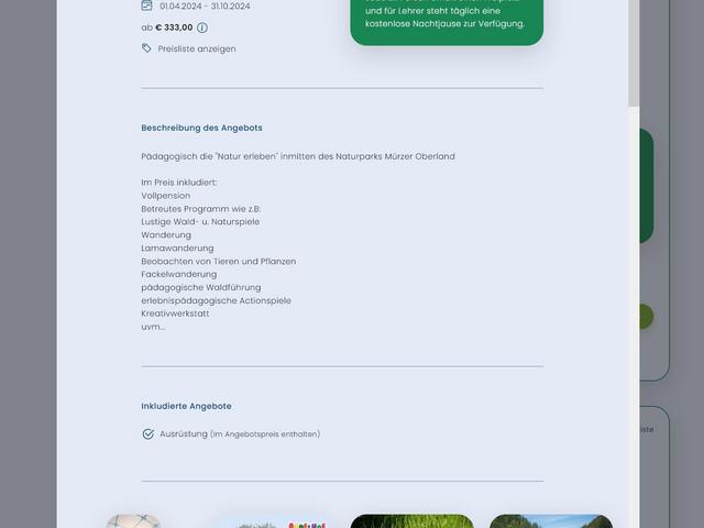 Screenshot Planungsassistent für Schulsportwochen - Ansicht Unterkunft
