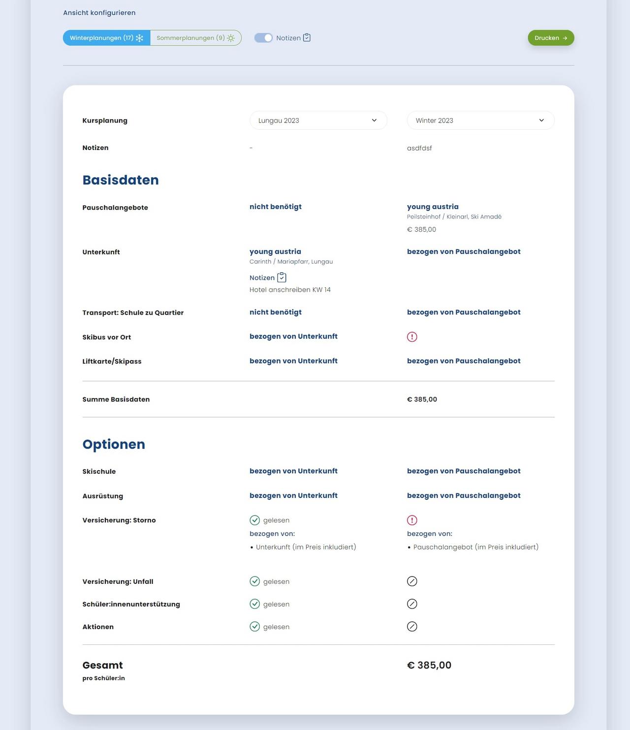 Screenshot Vergleich von Sportwochen-Optionen im Planungsassistenten