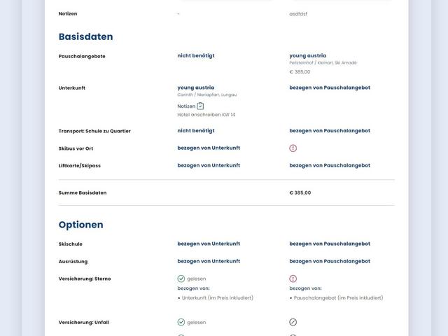 Screenshot Vergleich von Sportwochen-Optionen im Planungsassistenten