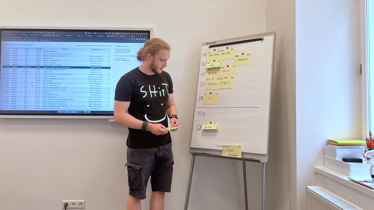 Earlybird Mitarbeiter vor dem Flipchart bei einer Präsentation beim Earlybird Campus