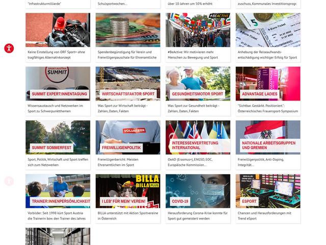 Screenshot des Newsbereichs der Sport Austria Webseite