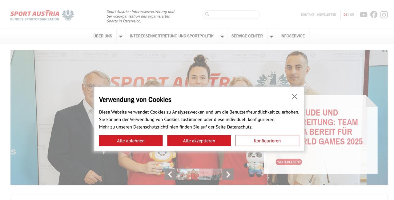 Screenshot der Earlybird Cookie Lösung im Einsatz auf der Webseite von Sportaustria