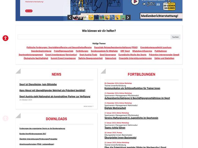 Screenshot der Homepage der Sport Austria Webseite