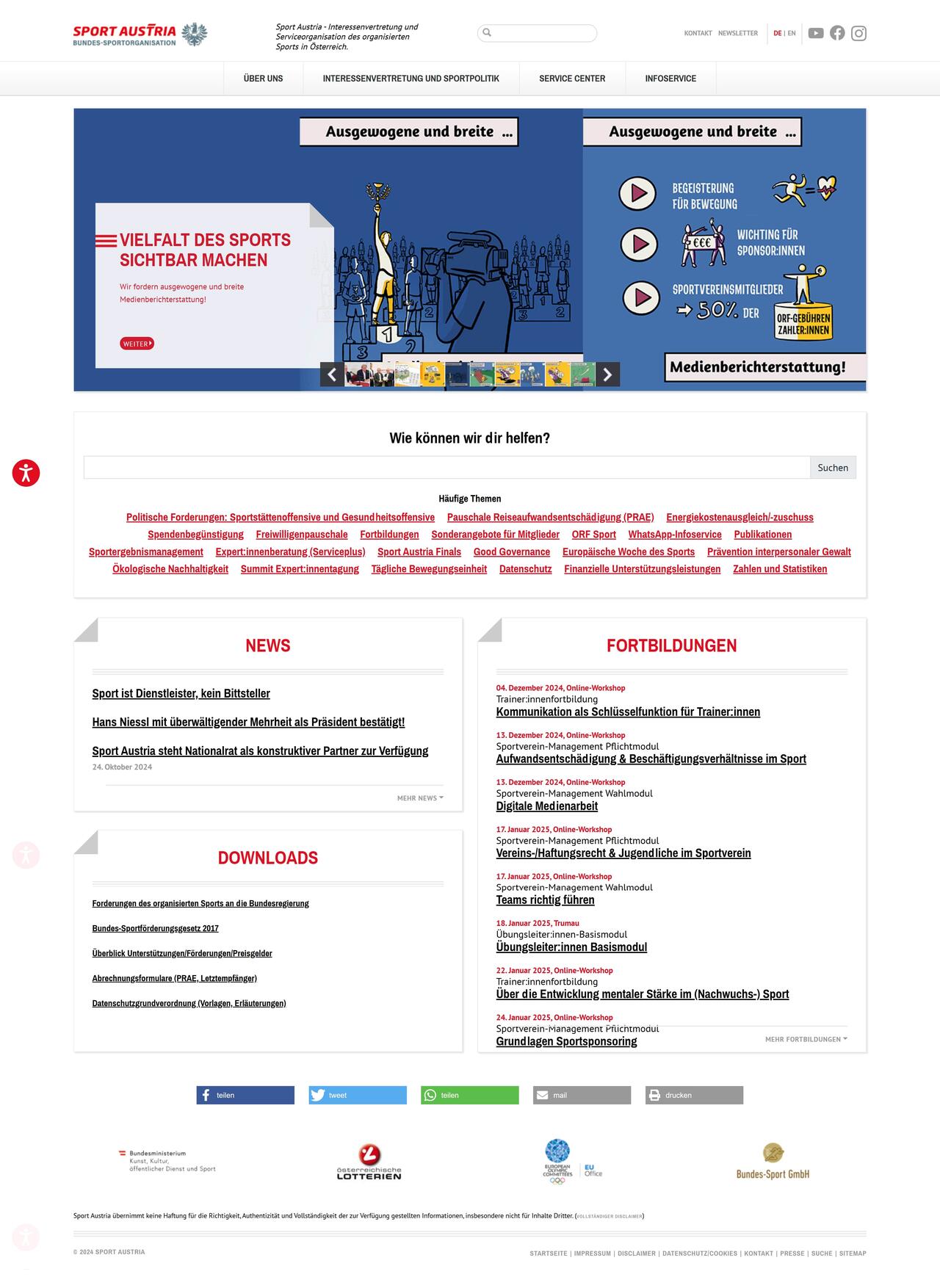 Screenshot der Homepage der Sport Austria Webseite