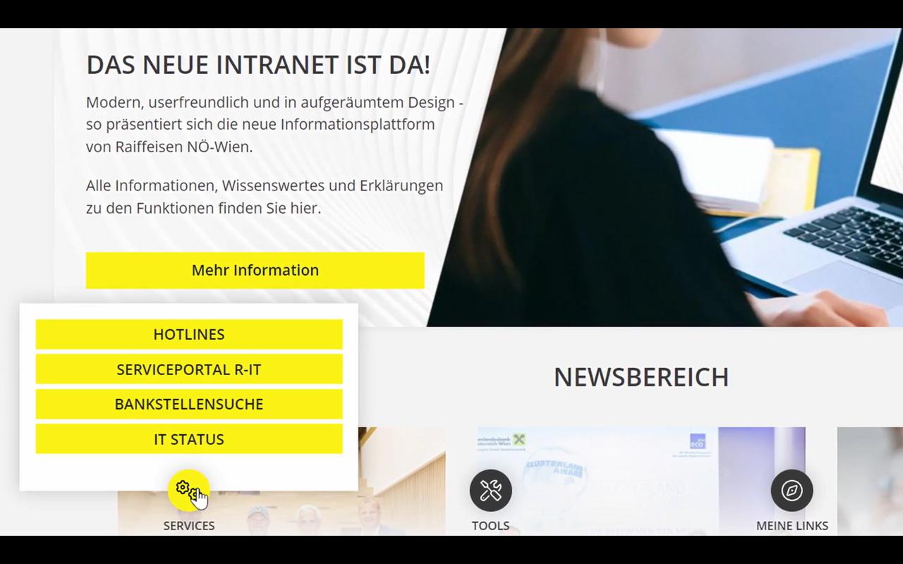 Screenshot Navigationsmöglichkeiten im Raiffeisenlandesbank Wien-Niederösterreich Intranet