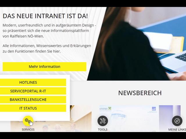 Screenshot Navigationsmöglichkeiten im Raiffeisenlandesbank Wien-Niederösterreich Intranet