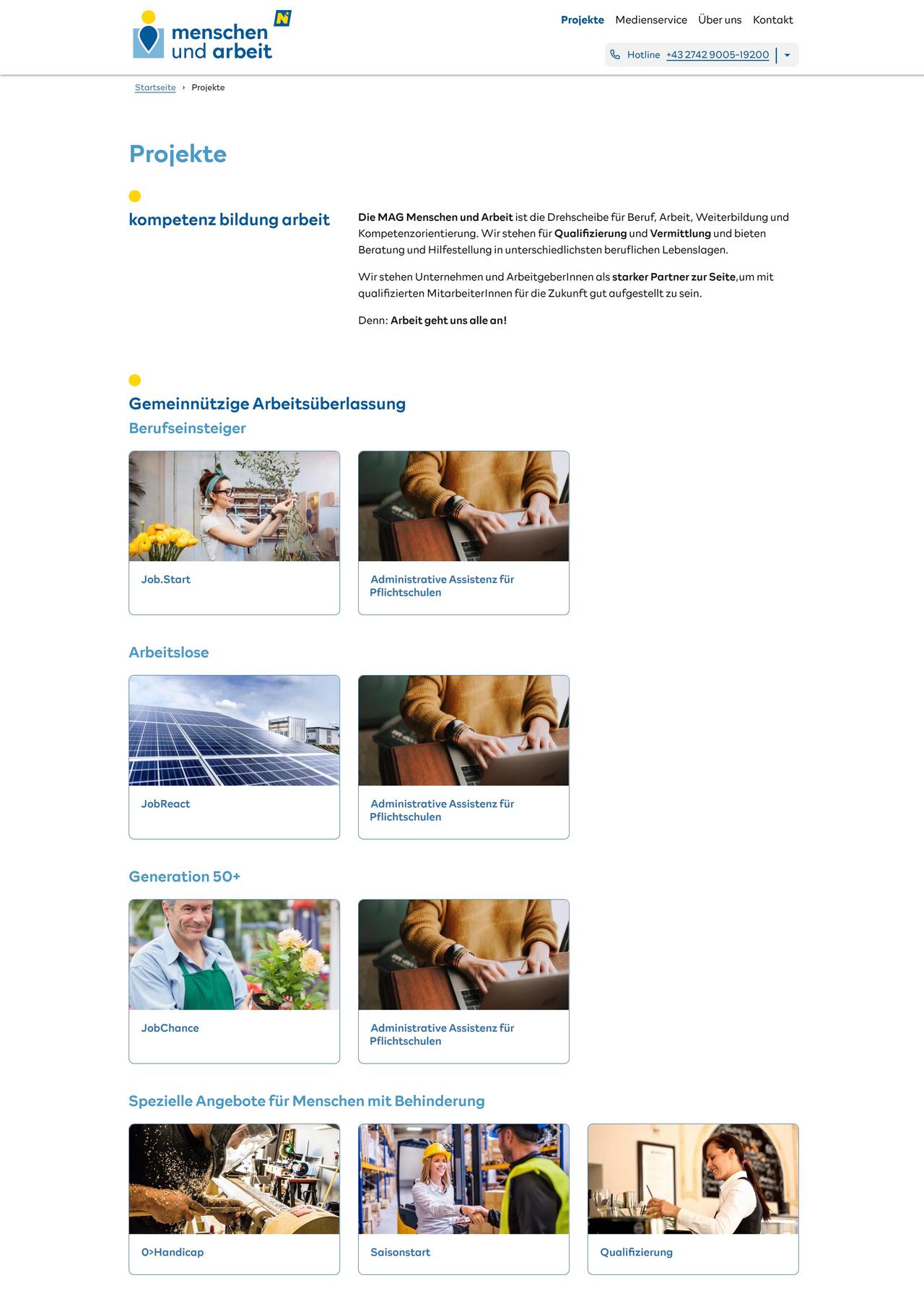 Screenshot auf dem der Bereich Projekte auf der neuen Webseite der MAG Menschen und Arbeit, erstellt von Earlybird, zu sehen ist