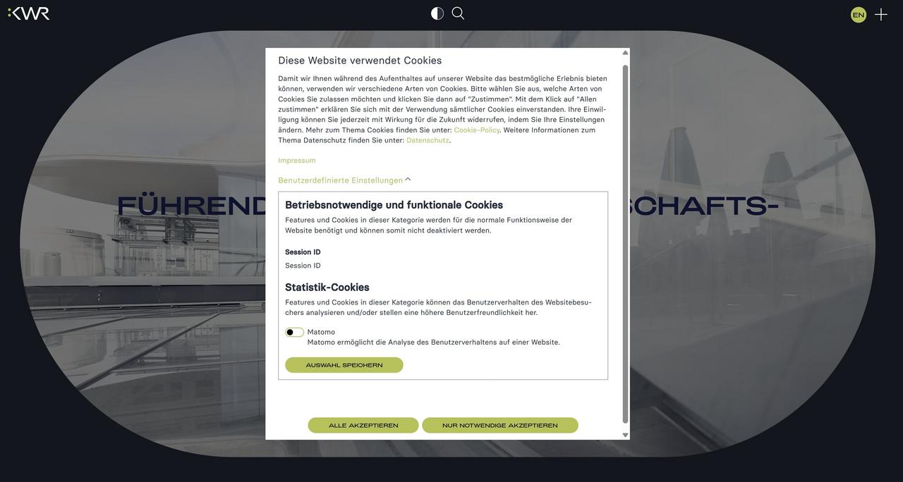 Screenshot der Optionen der Earlybird Cookie Lösung auf der Webseite von KWR Rechtsanwälte