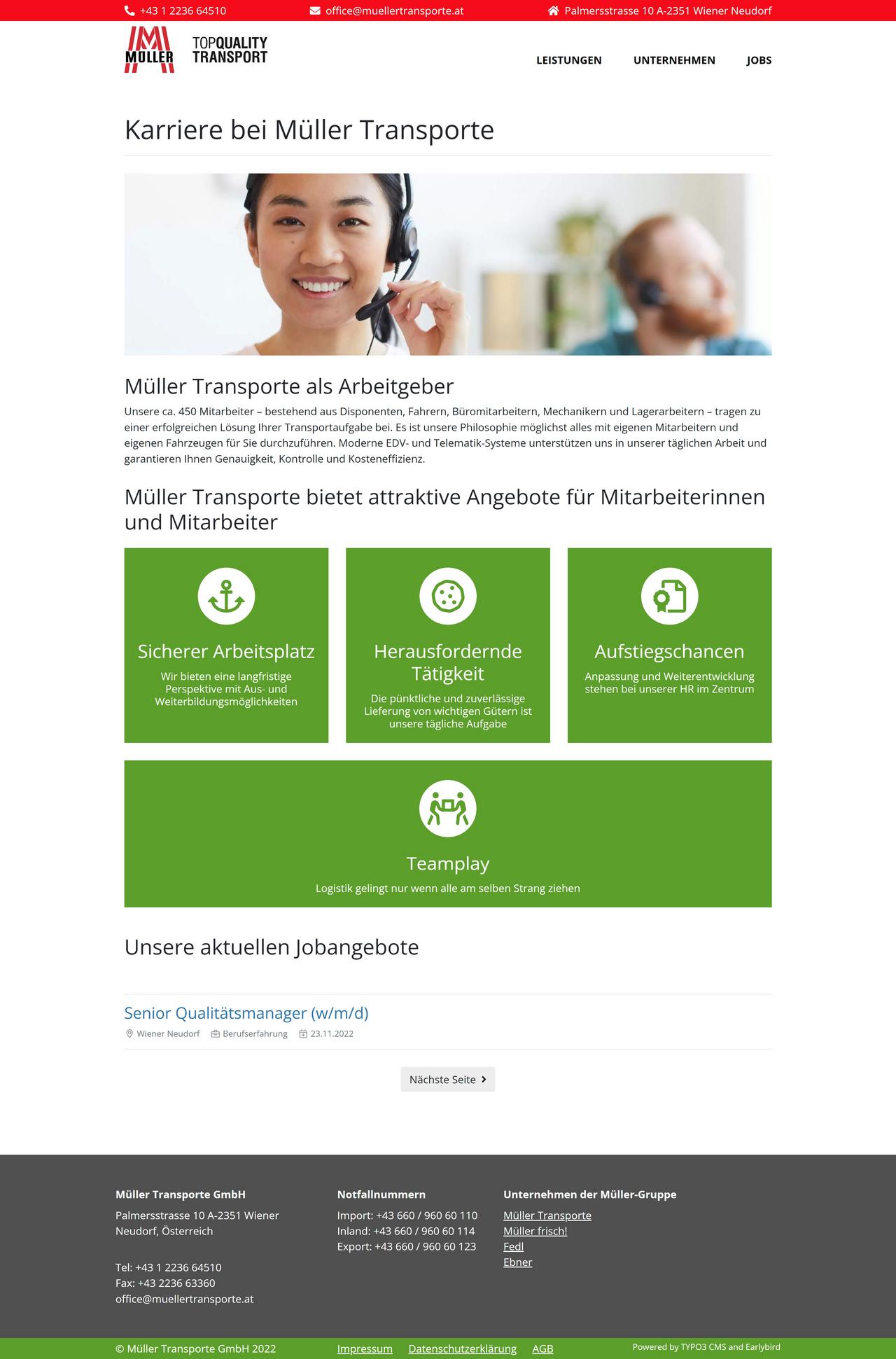 Screenshot des Jobbereichs der neuen Website von Müller Transporte, erstellt von Earlybird